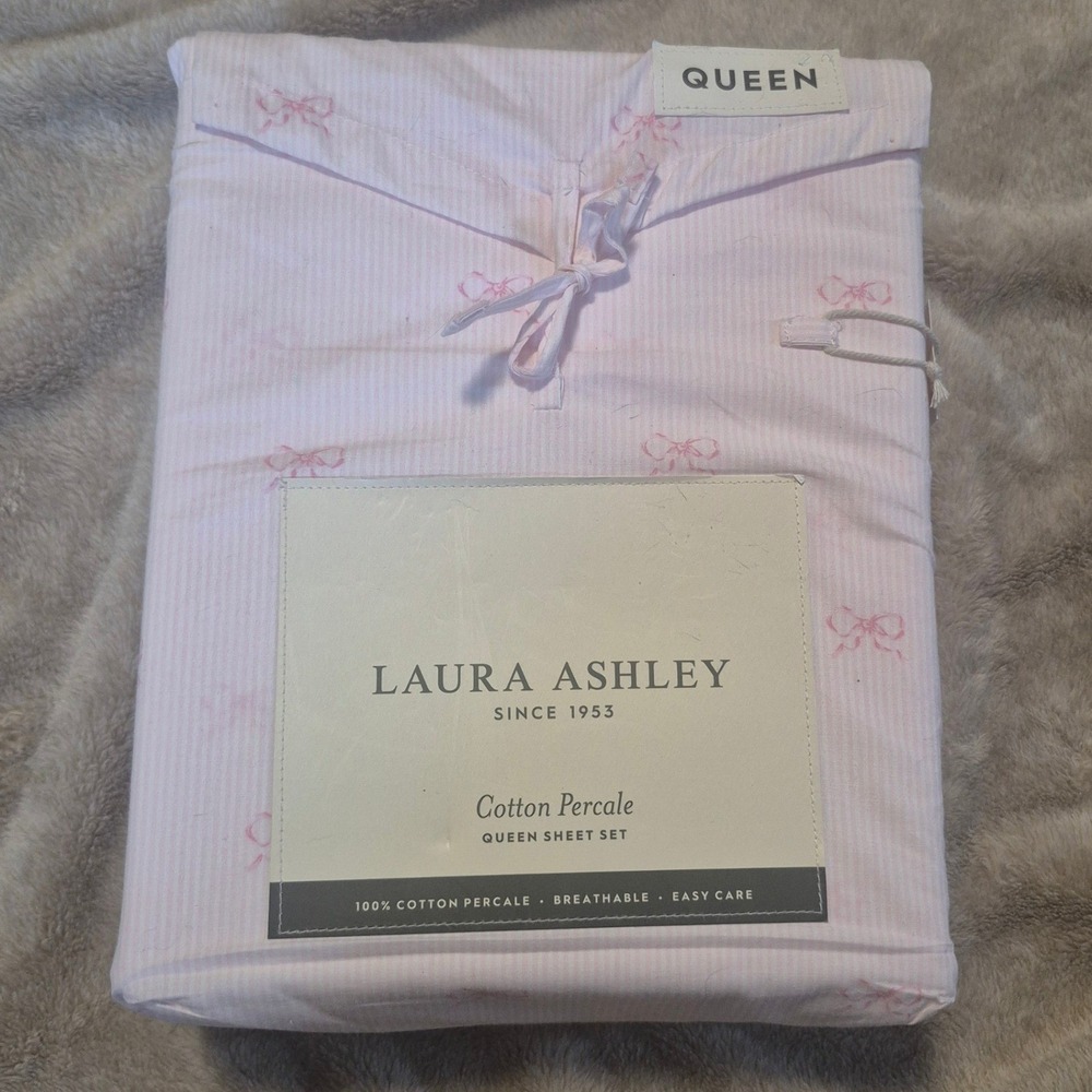 Laura Ashley Queen Sheet Set Cotton Percale Curtsey Bow Pink Pinstripe 4pc NEW